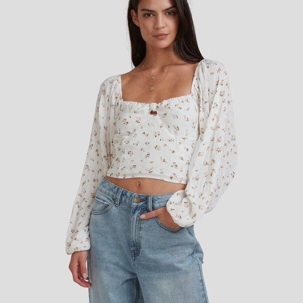 Billabong Love Somebody Cropped Balloon Sleeve Top Sz L Boho Coastal